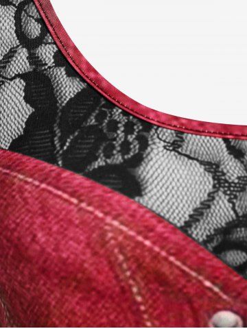 Plus Size 3D Jeans Chains Lace Printed Long Sleeves Tee