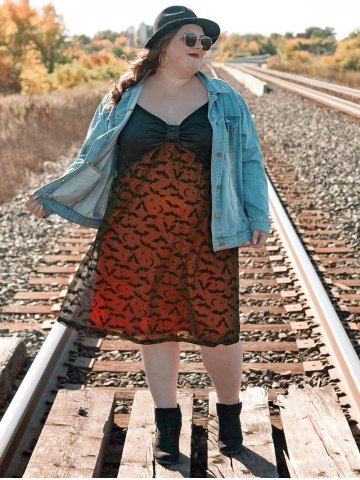 Plus Size Bats Pattern Lace Overlay Knot Halloween Fit and Flare Dress