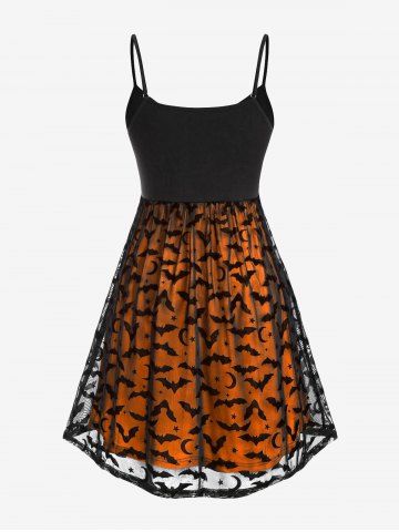 Plus Size Bats Pattern Lace Overlay Knot Halloween Fit and Flare Dress