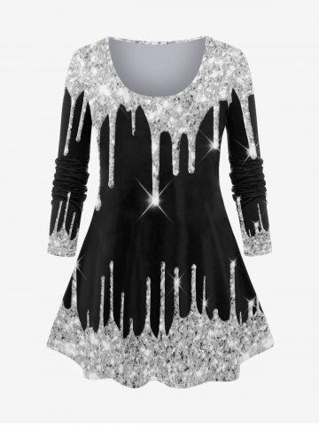Plus Size 3D Sparkles Paint Drop Blobs Printed Long Sleeves Tee - BLACK - L | US 12