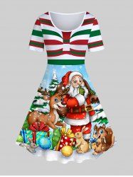 Plus Size Christmas Printed A Line Vintage Dress -  