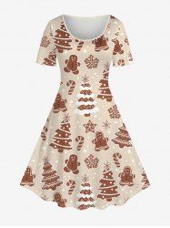 Plus Size Christmas Cute Gingerbread Tree Snowflake Print A Line Dress -  