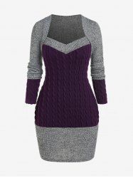 Plus Size Sweetheart Neck Two Tone Cable Knit Sweater Dress -  