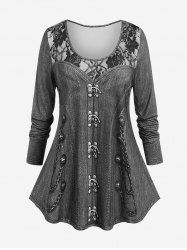 T-shirt à Imprimé 3D Chaîne en Dentelle de Grande Taille à Manches Longues - Noir 5x | US 30-32
