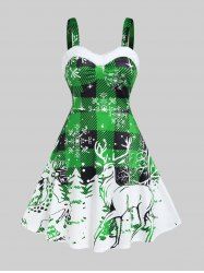 Plus Size Christmas Faux-fur Trim Plaid Elk Print Sleeveless Dress -  