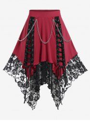 Gothic Chain Embellish Lace-up Floral Lace Layered Hanky Hem Skirt -  