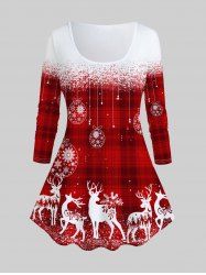 T-shirt de Noël à Imprimé Flocon de Neige Boule et Cerf de Grande Taille à Manches Longues - Rouge 2X | US 18-20