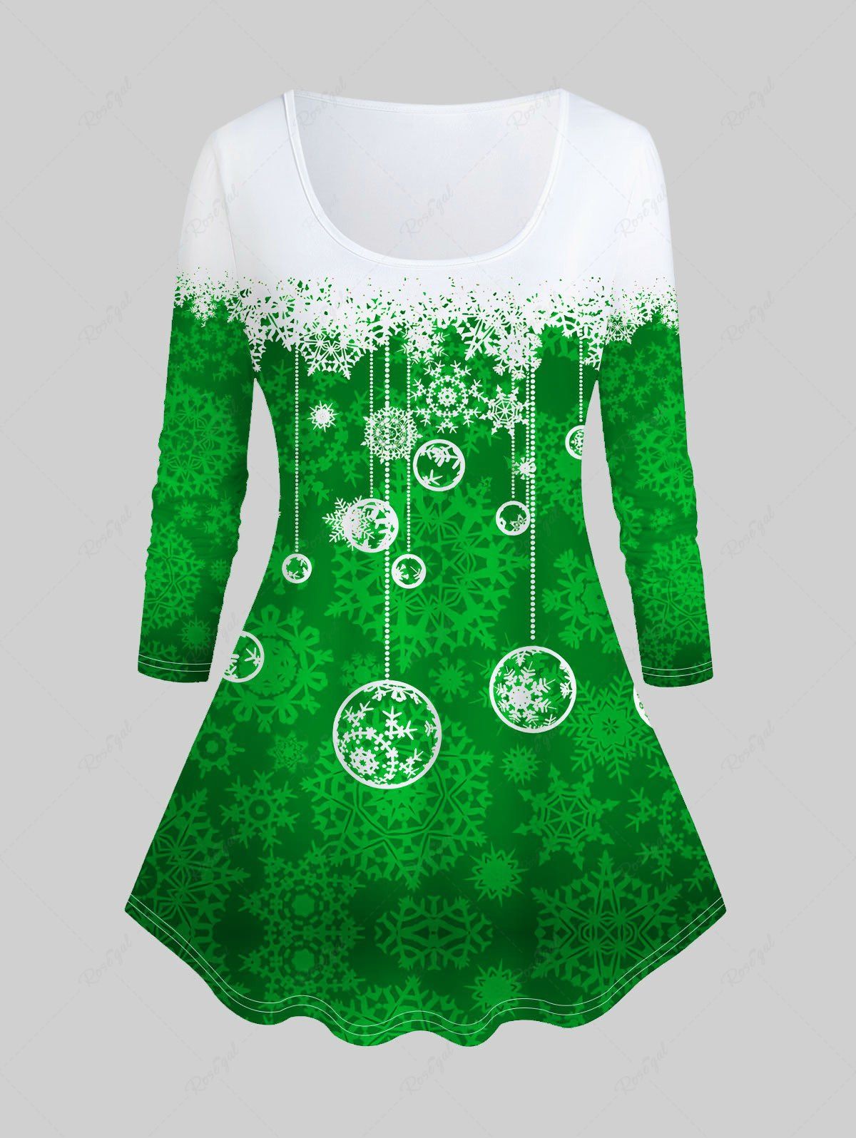 T-shirt à Imprimé Flocon de Neige de Noël en Blocs de Couleurs de Grande Taille à Manches Longues Vert 5x | US 30-32