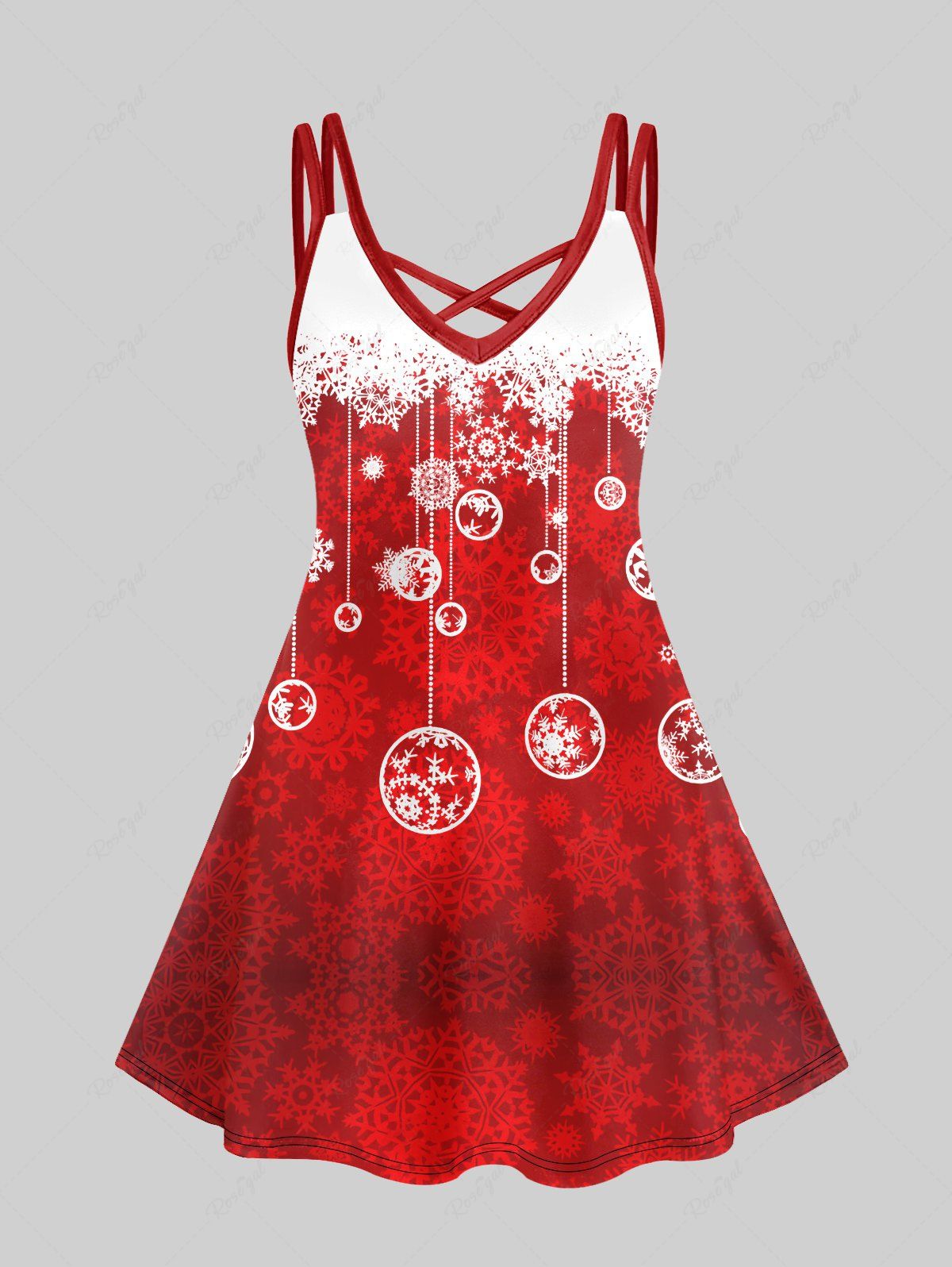Discount Plus Size Snowflakes Balls Printed Crisscross A Line Christmas Dress  