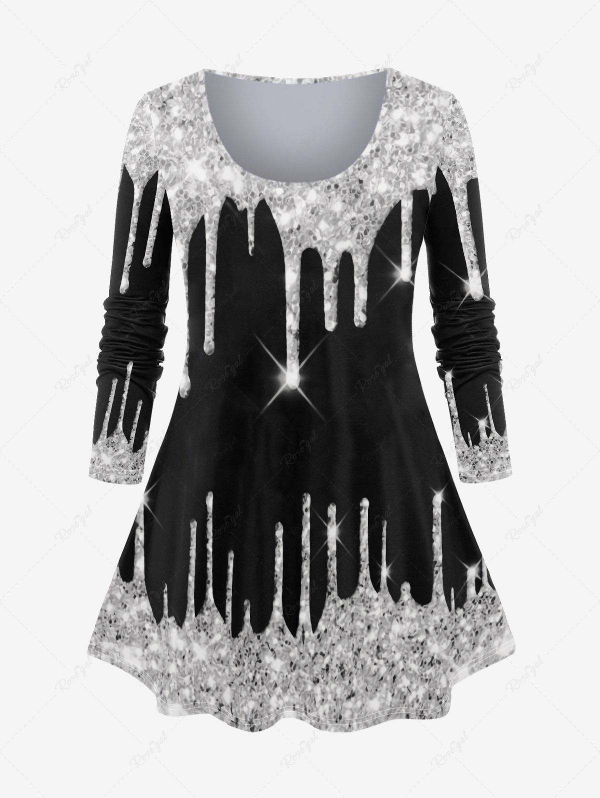New Plus Size 3D Sparkles Paint Drop Blobs Printed Long Sleeves Tee  