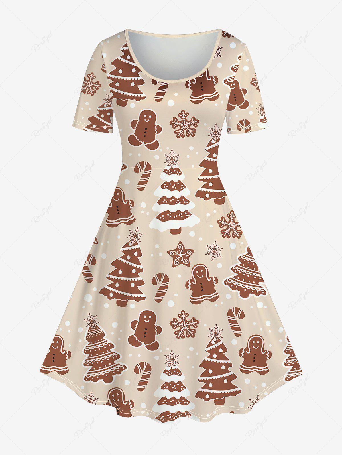 Store Plus Size Christmas Cute Gingerbread Tree Snowflake Print A Line Dress  