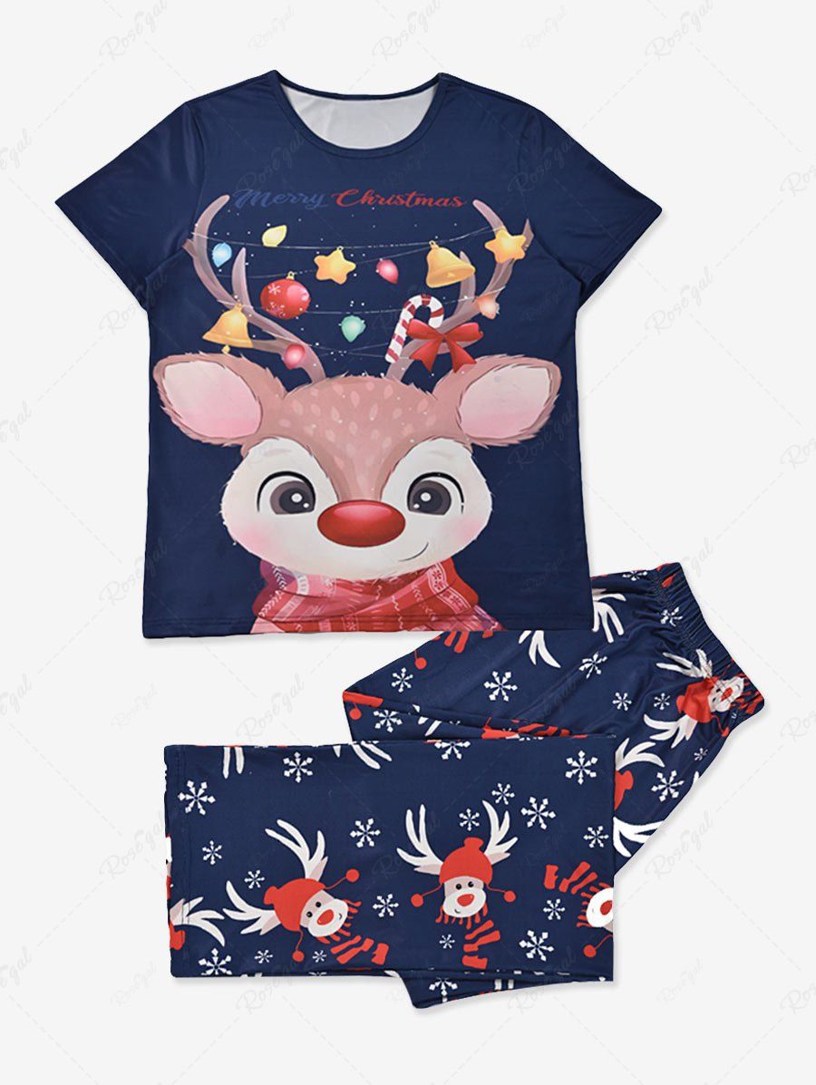 Fashion Merry Christmas Elk Printed Pajamas Tee and Pants Set  