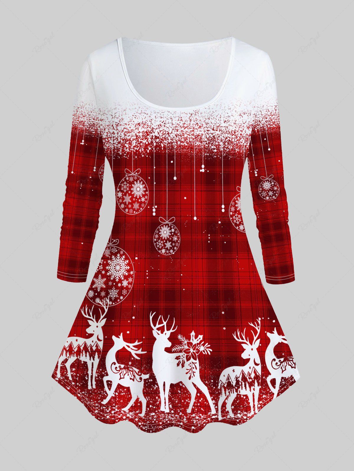 T-shirt de Noël à Imprimé Flocon de Neige Boule et Cerf de Grande Taille à Manches Longues Rouge 2X | US 18-20
