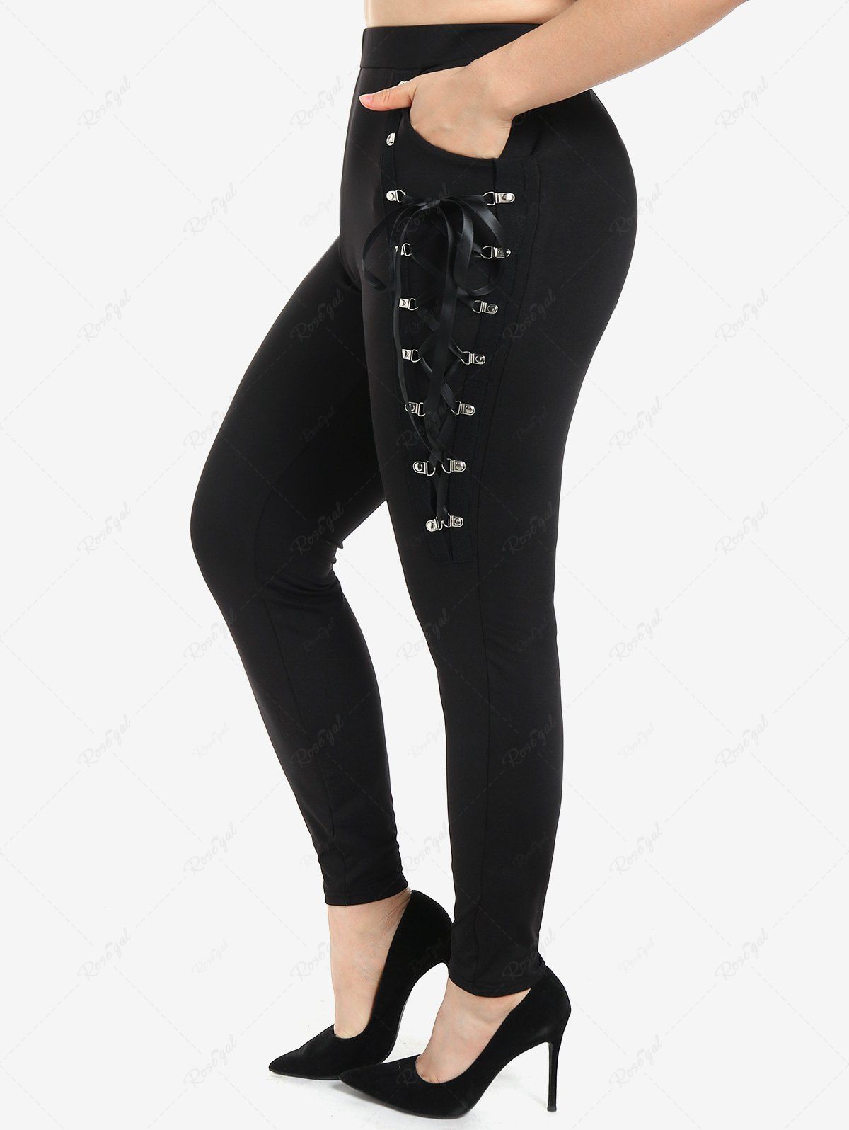 Cheap Plus Size Lace Up Metals Pull On Skinny Pants  
