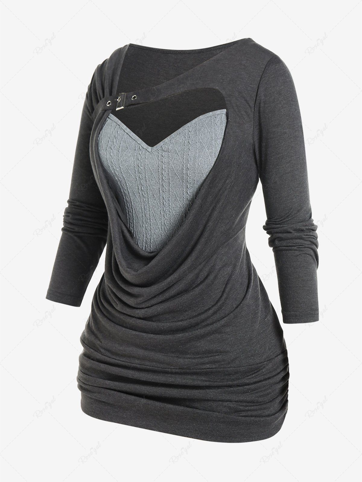 Discount Plus Size Two Tone Cutout Buckle Draped Ruched Long Sleeves Tee  
