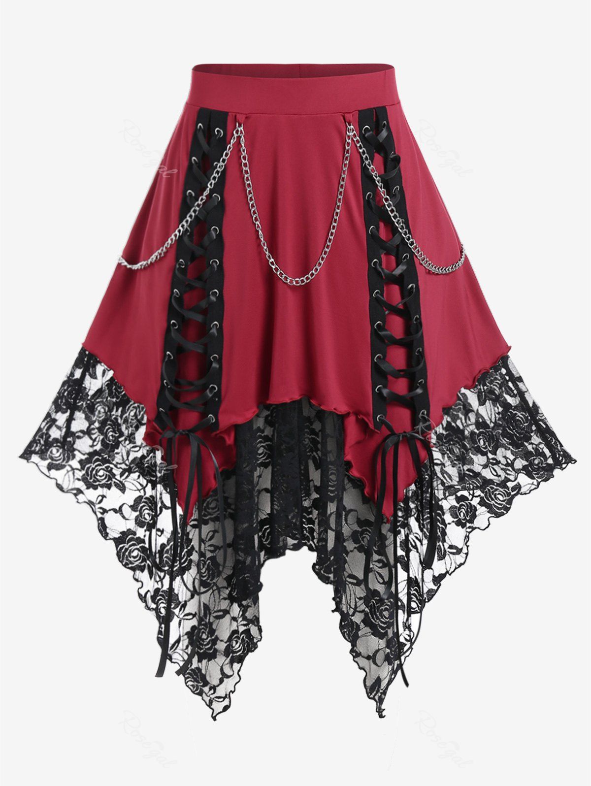Hot Gothic Chain Embellish Lace-up Floral Lace Layered Hanky Hem Skirt  