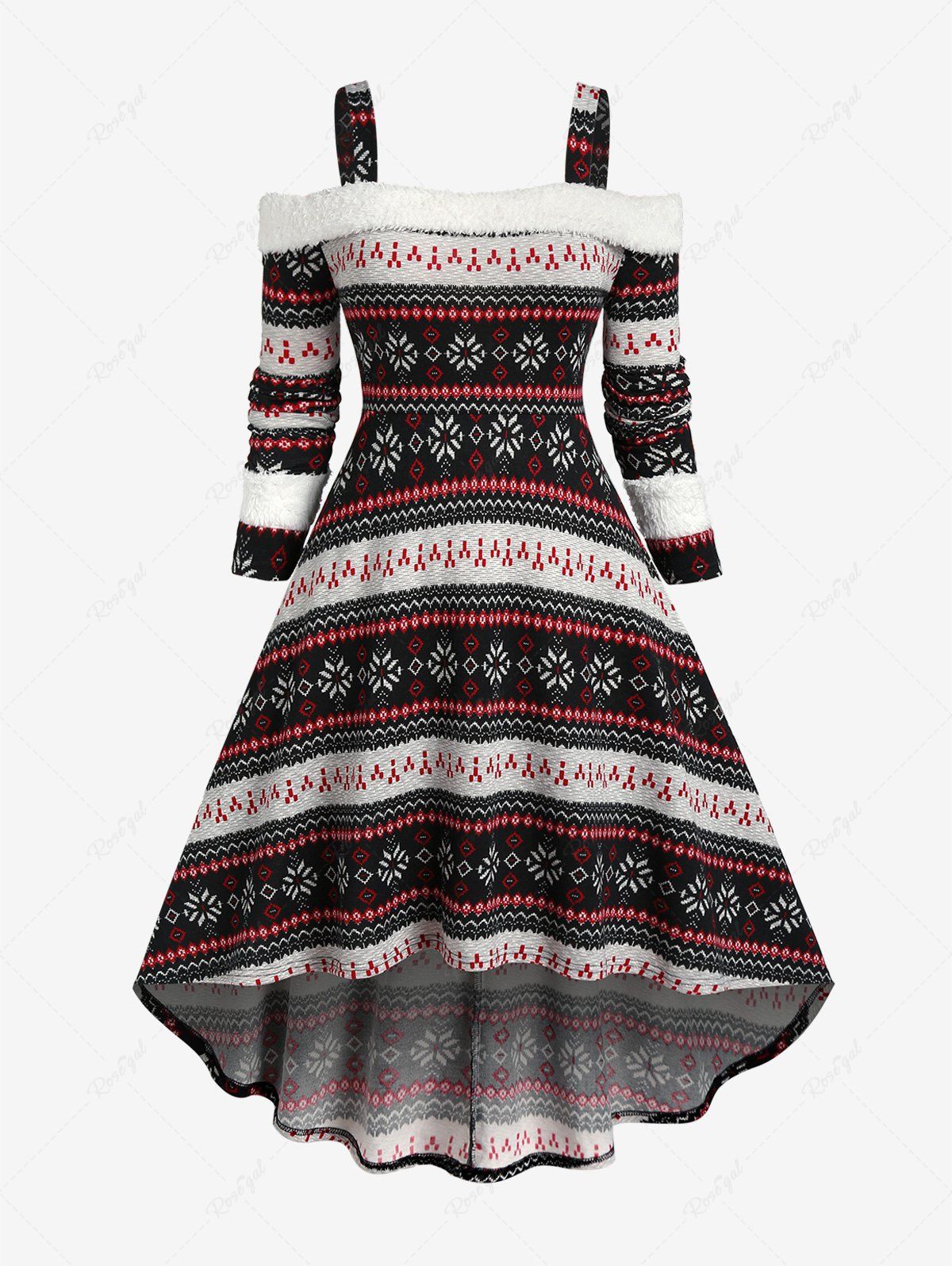 Fashion Plus Size Cold Shoulder Snowflake Print High Low Midi Knitted Christmas Dress  