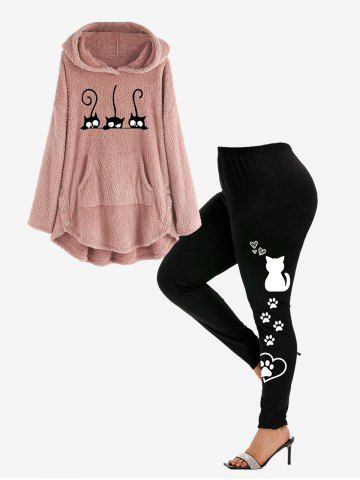 Cat Print Pocket High Low Fluffy Hoodie and High Waist Cat Paw Print Leggings Plus Size Outerwear Outfit
