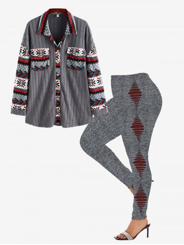 Christmas Turndown Collar Snowflake Cable Knit Cardigan and High Waist 3D Ripped Print Leggings Plus Size Outerwear Outfit - GRAY