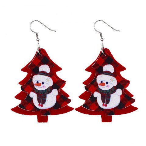 Christmas Tree Snowman Faux Leather Drop Earrings - RED