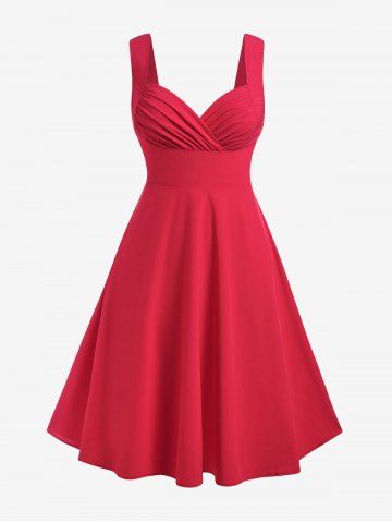 Plus Size Sweetheart Neck Ruched Bust Vintage Pin Up Dress - RED - M | US 10