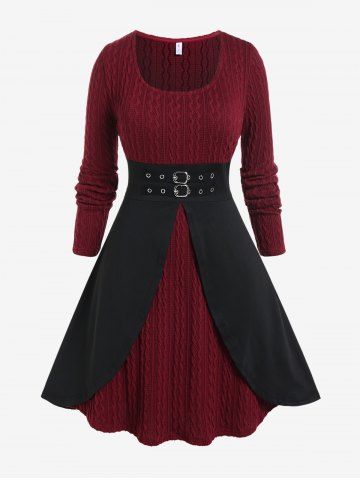 Plus Size Two Tone Buckled Cable Knit Sweater Dress