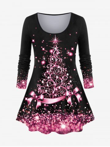 Plus Size 3D Sparkles Glitters Bowknot Printed Long Sleeves Tee - LIGHT PINK - 3X | US 22-24