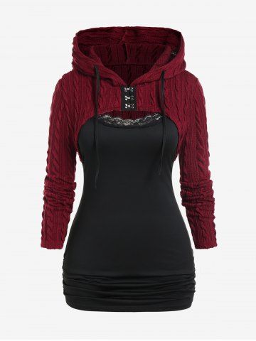 Plus Size Lace Trim Ruched Camisole and Hooded Cable Knit Hook and Eye Shrug Top Set - DEEP RED - 1X | US 14-16