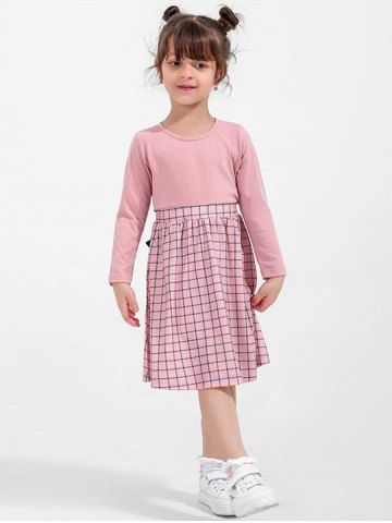 Kid Girls Plaid Long Sleeves A Line Dress with Bowknot