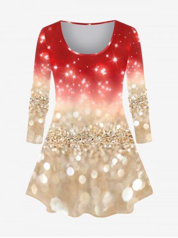 Plus Size Sparkle Print Christmas T-shirt - RED - 2X | US 18-20