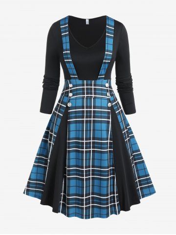 Plus Size V Neck Plaid Knee Length Flare Dress - BLUE - L | US 12