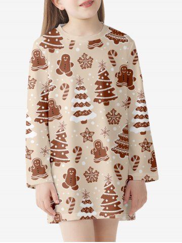Vestido Camiseta Manga Larga Estampado Copo de Nieve Navidad - LIGHT COFFEE - 110