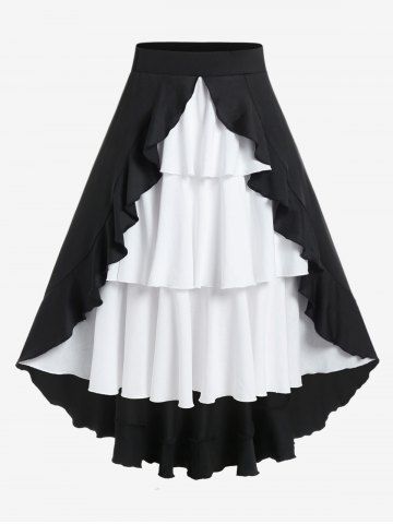 Gothic High Low Flounce Two Tone Midi Layered Skirt - BLACK - 1X | US 14-16