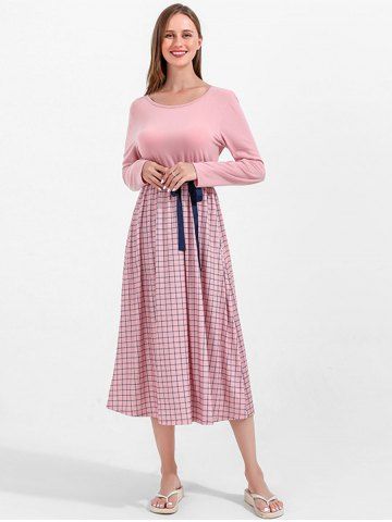 Long Sleeves Plaid A Line Midi Dress with Bowknot - LIGHT PINK - M