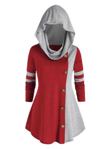 Plus Size Hooded Bicolor Two Tone Cowl Front Sweater - RED - 1X | US 14-16