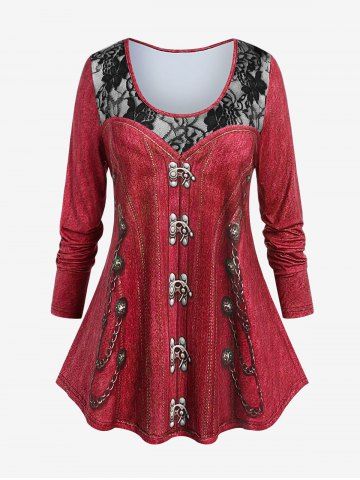 Gothic 3D Jeans Chains Lace Printed Tee and Flocking Lined Leggings Outfit