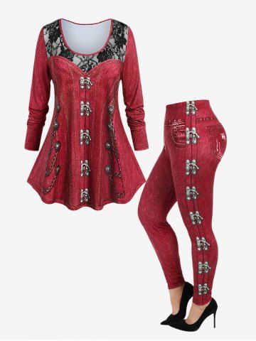 Gothic 3D Jeans Chains Lace Printed Tee and Flocking Lined Leggings Outfit - DEEP RED