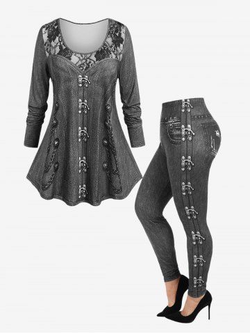 Gothic 3D Jeans Chains Lace Printed Tee and Flocking Lined Leggings Outfit - BLACK