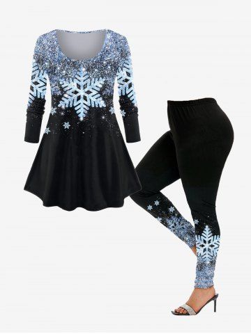 Snowflake Print Christmas T-shirt and Leggings Plus Size Matching Set Outfit - LIGHT BLUE