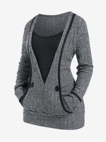 Plus Size Colorblock Pockets Ribbed Twofer Blouson Knitted Top