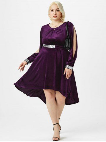 Plus Size&Curve Split Sleeve Sequins Velvet High Low Dress - PURPLE - 3X | US 22-24