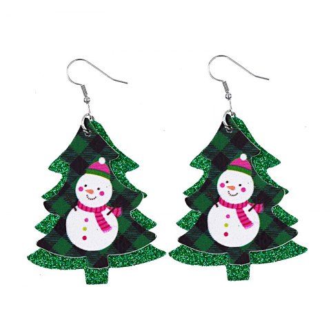 Christmas Tree Snowman Faux Leather Drop Earrings - DEEP GREEN
