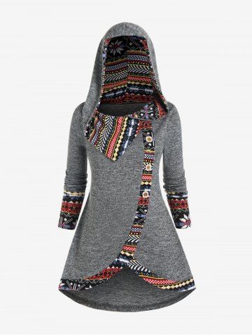 Plus Size Ethnic Printed Hooded Long Sleeves High Low Tee - GRAY - 4X | US 26-28