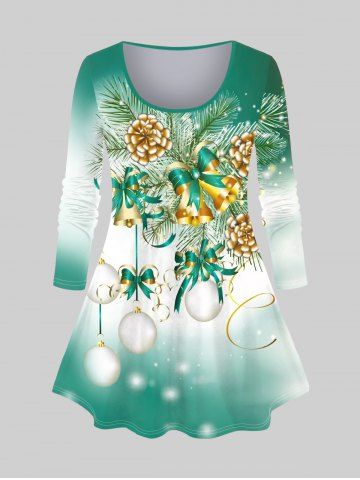 Plus Size Christmas Tree Bell Ball Print Long Sleeve Tee - GREEN - 1X | US 14-16
