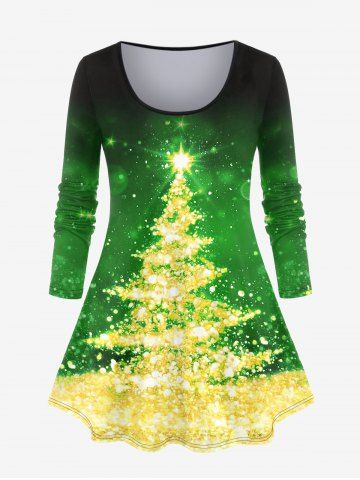 Plus Size 3D Sparkles Christmas Tree Printed Ombre Long Sleeves Tee - GREEN - 5X | US 30-32