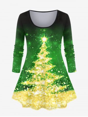 T-shirt Ombre à Imprimé Sapin de Noël 3D Brillant Grande Taille avec Manches Longues - GREEN - M | US 10