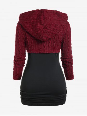 Plus Size Lace Trim Ruched Camisole and Hooded Cable Knit Hook and Eye Shrug Top Set