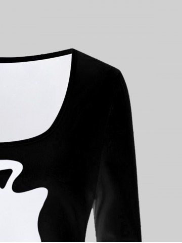 Plus Size Cat Pattern Two Tone Long Sleeves Tee