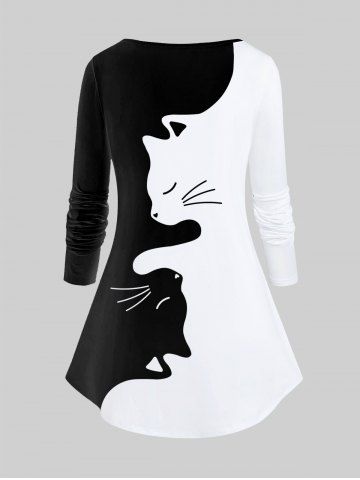 Plus Size Cat Pattern Two Tone Long Sleeves Tee
