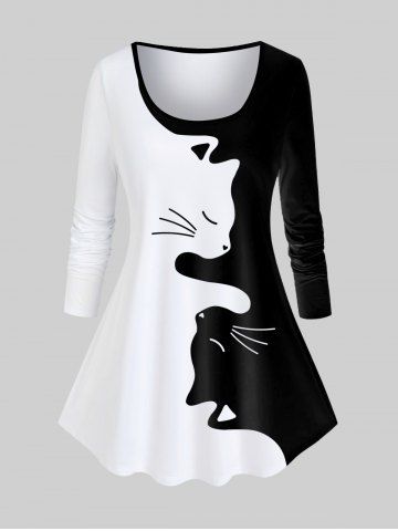 Plus Size Cat Pattern Two Tone Long Sleeves Tee